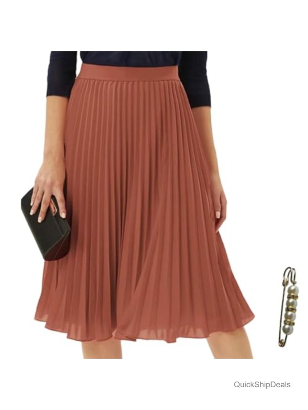High Waist Pleated Midi Skirt A-Line Casual Work Skirt Polyester